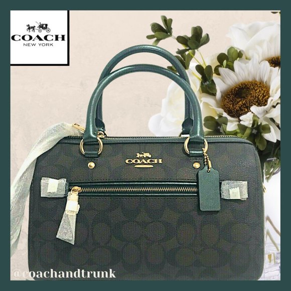 Coach Handbags - NWT COACH Rowan Satchel Signature Canvas With Forest Metallic Leather Accents
